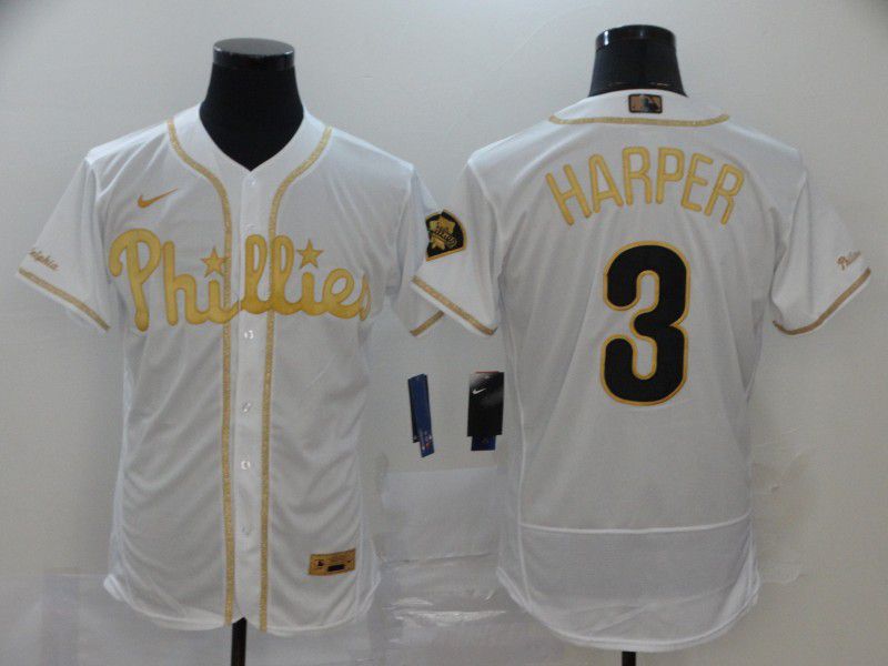 Men Philadelphia Phillies #3 Harper White Retro gold character Nike MLB Jerseys->philadelphia phillies->MLB Jersey